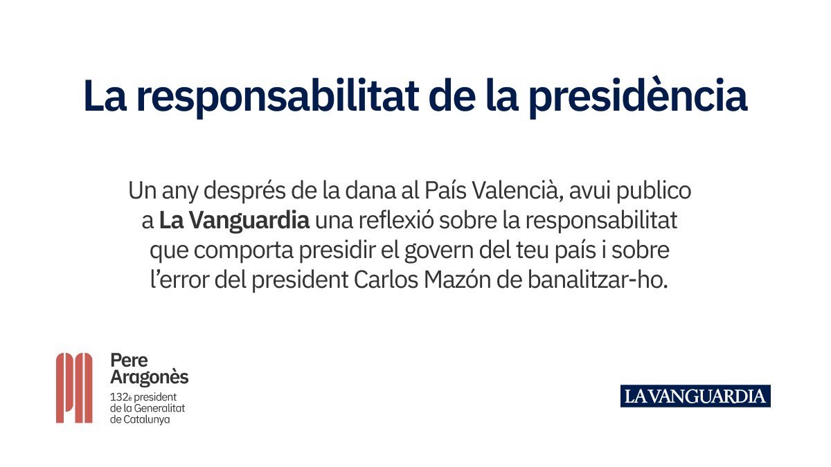 Avui publico a La Vanguardia aquesta reflexió, un any després de la dana al País Valencià. Sobre la responsabilitat de la presidència i l’error del president Carlos Mazón de banalitzar-ho lavanguardia.com/encatala/20251…