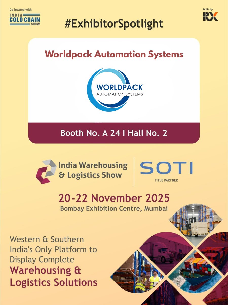 Excited to participate in India Warehousing &amp; Logistics Show 2025! 🚀

Catch Worldpack Automation Systems at Booth A-24 | Hall 2, Mumbai.

Discover our smart &amp; efficient labeling automation solutions for warehousing, logistics, FMCG &amp; industrial operations.

📅 20–22 Nov 2025