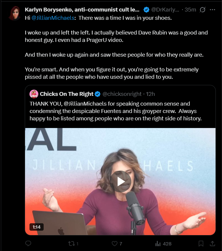 BeeGrrl's tweet photo. Dear @JillianMichaels 
This psychopath is one of those despicable Fuentes groyper crew. Block her now. You will not regret it. https://t.co/bstzNmTiuM