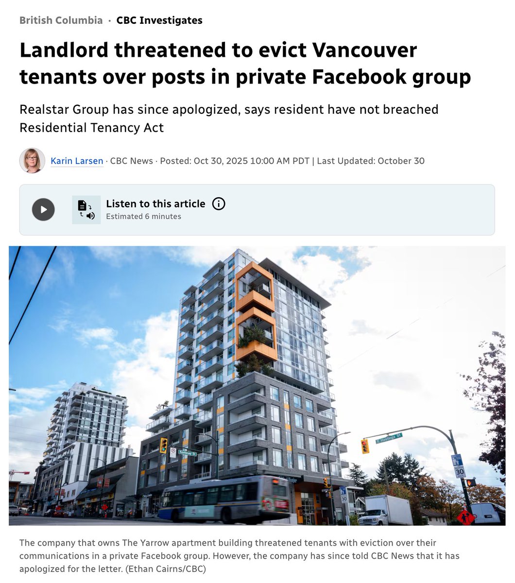 INTERESTING 
Landlord threatened to evict Vancouver tenants over posts in private Facebook group

Realstar Group has since apologized [after CBC News inquired], says resident have not breached Residential Tenancy Act

Realstar has over $9B in assets. 

cbc.ca/news/canada/br…