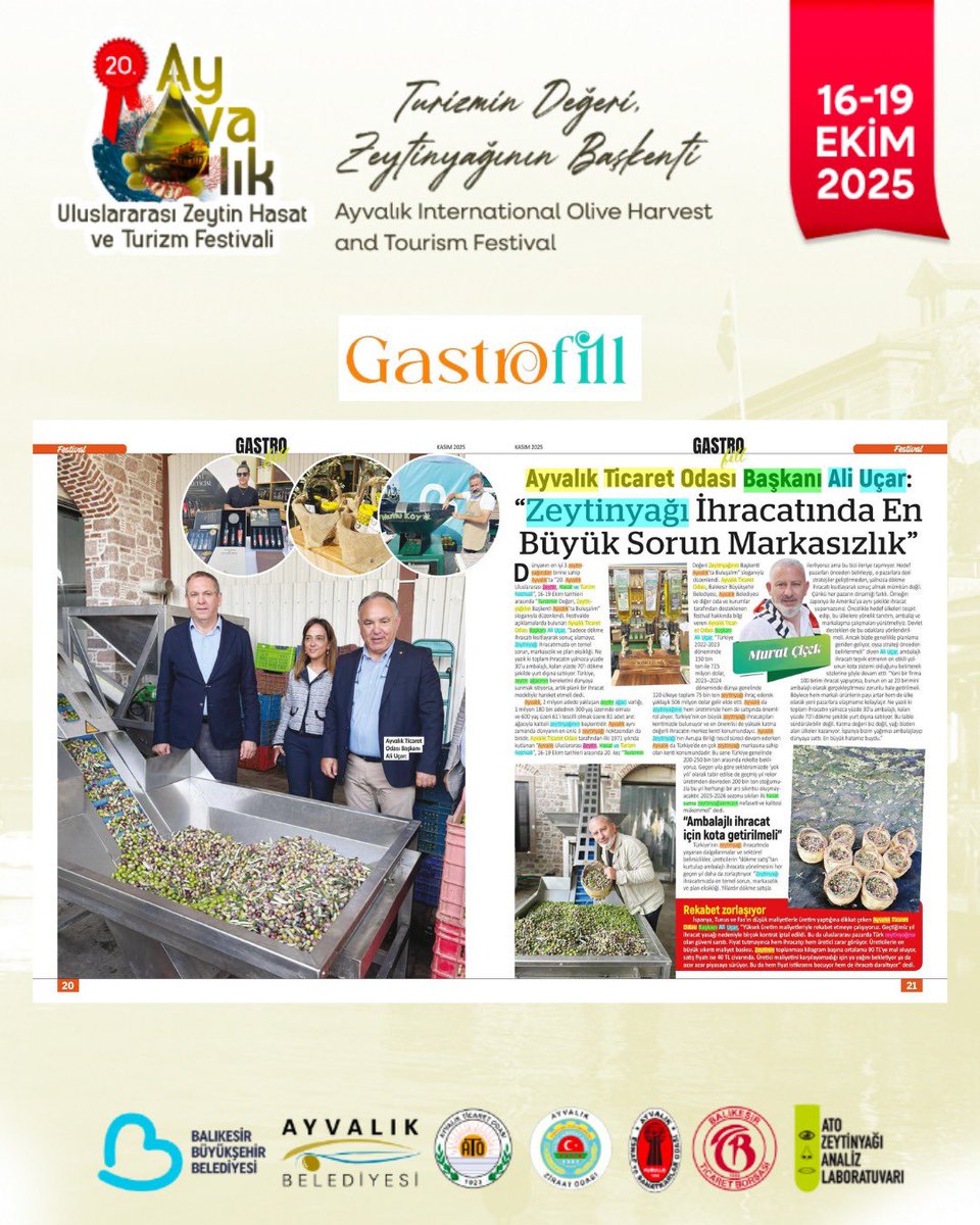 AyvalikHasat's tweet photo. Ayvalık Ticaret Odası Başkanı Ali Uçar’ın 16-19 Ekim tarihleri arasında gerçekleşen 20. Ayvalık Uluslararası Zeytin Hasat ve Turizm Festivali’nde verdiği zeytinyağı hakkındaki görüşleri, Gastrofill dergisinde yer aldı.

#AyvalıkTicaretOdası #Ayvalık #ZeytinyağınınBaşkenti https://t.co/1UPjOSGEyL