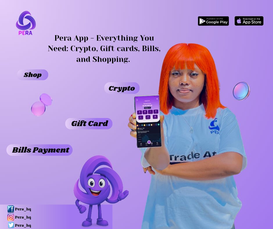 Pera_hq's tweet image. Crypto, Gift Cards, Bills Payment, Shopping. Everything you need is all in one app designed just for you. Download the Pera app now and start managing all your digital assets at ease. Available on App store and Google playstore. #pera #PeraShop #tradeatease