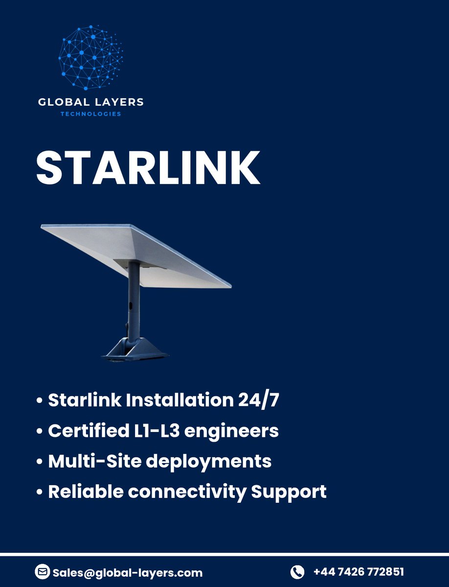 global_layer's tweet image. 𝐒𝐭𝐚𝐫𝐥𝐢𝐧𝐤 𝐈𝐧𝐬𝐭𝐚𝐥𝐥𝐚𝐭𝐢𝐨𝐧 𝐒𝐮𝐩𝐩𝐨𝐫𝐭 𝐛𝐲 𝐆𝐥𝐨𝐛𝐚𝐥 𝐋𝐚𝐲𝐞𝐫𝐬 𝐓𝐞𝐜𝐡𝐧𝐨𝐥𝐨𝐠𝐲

Global Layers Technology provides professional 𝐒𝐭𝐚𝐫𝐥𝐢𝐧𝐤 𝐢𝐧𝐬𝐭𝐚𝐥𝐥𝐚𝐭𝐢𝐨𝐧 for businesses and remote sites. 

Contact us:
sales@global-layers.com