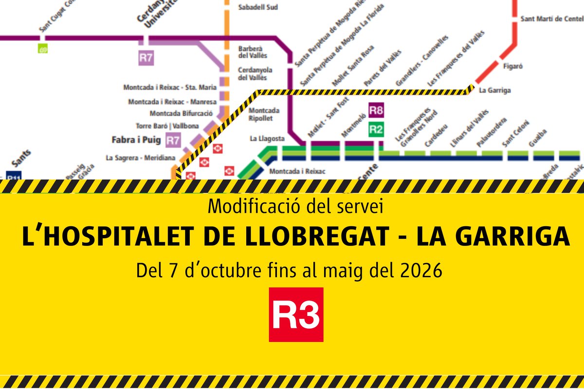 rod3cat's tweet image. 📢 RECORDA!

ℹ️ Modificació del servei a la linia R3

🗓️ Des del 7 d'octubre fins al maig de 2026

🚧 Obres de desdoblament del tram Parets- La Garriga

🚌 Consulta ja els horaris actualitzats dels serveis alternatius + trens

🔗 gen.cat/4n1PvuD