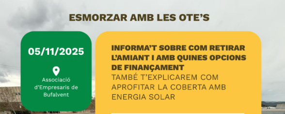 energiacat's tweet photo. ♻️ Informa't sobre com retirar l'amiant i aprofitar la coberta amb energia solar
📅 05/11/2025 | ⏰ 9:30-11:00h
📍 Associació d'Empresaris de Bufalvent

👉 Més info: https://t.co/kZbYrSg4VE https://t.co/DgcJOnfLTU