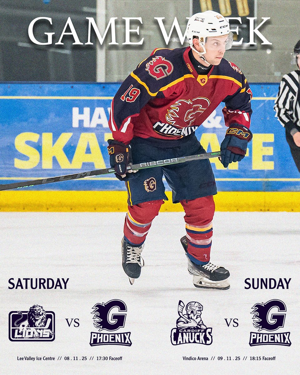 𝐃𝐎𝐔𝐁𝐋𝐄 𝐆𝐀𝐌𝐄 𝐖𝐄𝐄𝐊!!

The Phoenix are back in action this weekend as we make the travel to North London on Saturday, before heading west to Cardiff on Sunday 🔥 

Pack the bags, it’s a busy weekend! 🚌 

#GuildfordPhoenix #NIHL #IceHockey 🔥🐦‍🔥