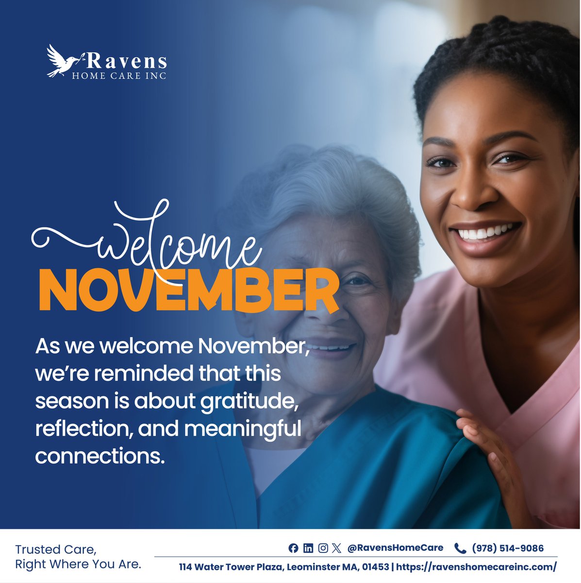 RavensHomeCare's tweet photo. As we step into November, we’re reminded how much the little things matter — a warm smile, a kind word, a helping hand. Here’s to a month filled with comfort, gratitude, and meaningful moments with the people who matter most.

Happy November from all of us! https://t.co/6eMnfcrv6s