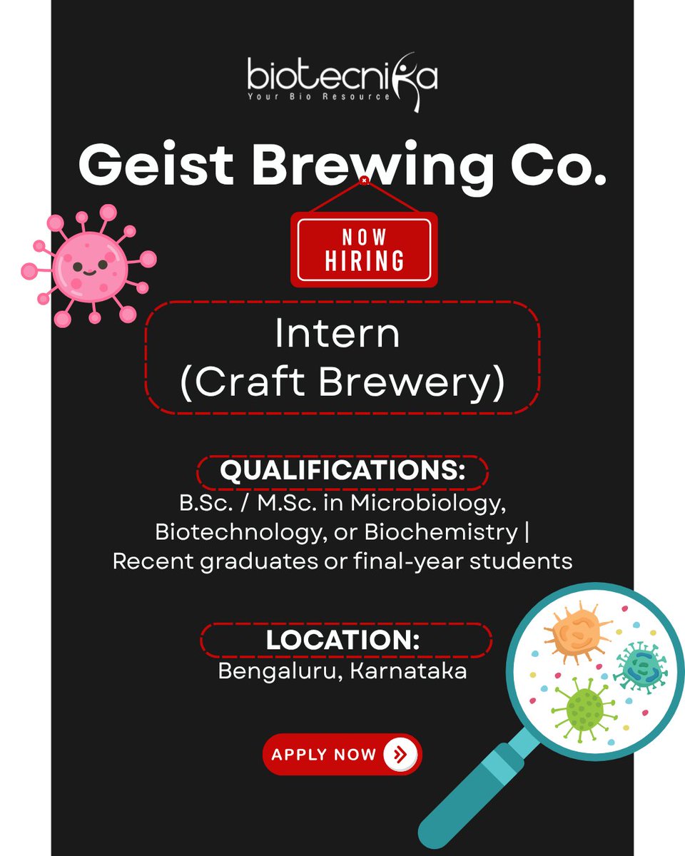 biotecnika's tweet image. 🧫 Microbiology Internship – Apply Now!

Exciting internship opportunity for microbiology, biochem &amp;amp; biotech students to gain hands-on lab experience and enhance research skills.

👉 Apply here: btnk.org/geist-brewing-…

#Microbiology #InternshipAlert #Biotecnika