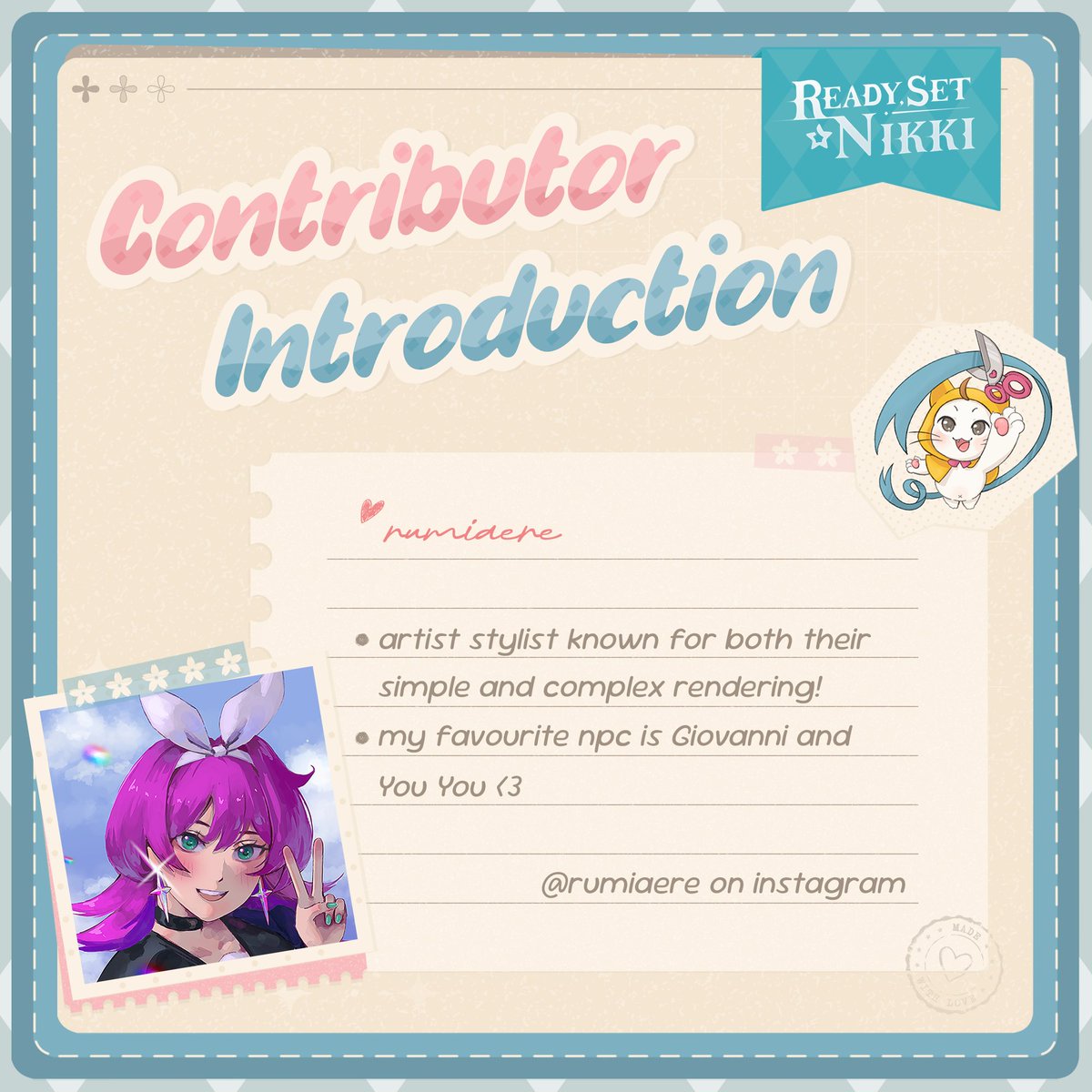 Ready, Set NIKKI ˚ʚ♡ɞ˚

✨ CONTRIBUTOR SPOTLIGHT ✨

Introducing our shining artist, rumiaere! Their versatile rendering bridges simplicity and sophistication, every stroke telling its own story.💖✂️🎀