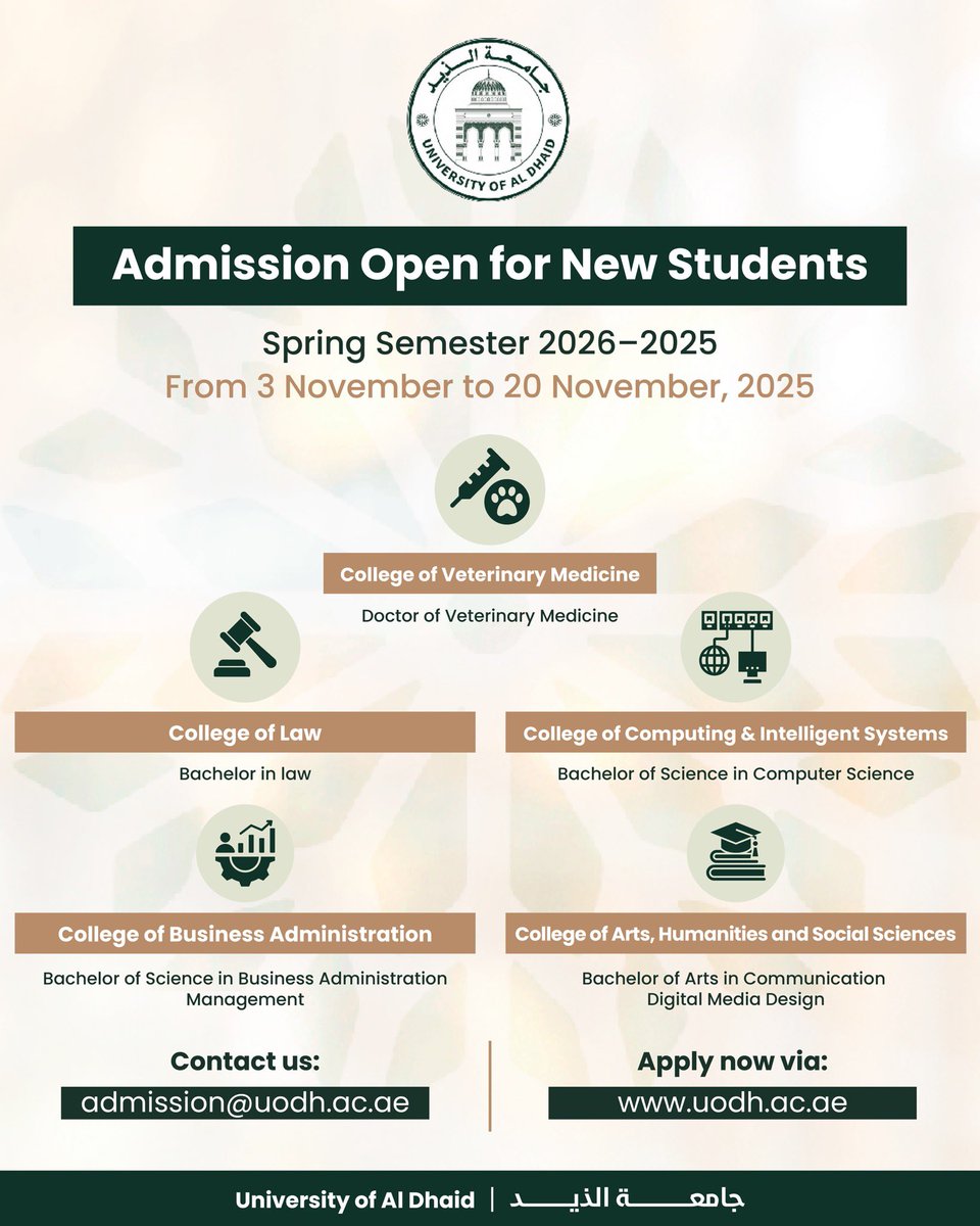Spring 2025-2026 Admissions are officially open!
Apply between November 3 – November 20, 2025 and take the next step toward your future.

#Spring2025 #AdmissionsOpen #FutureStartsHere  #ApplyNow #UniversityJourney