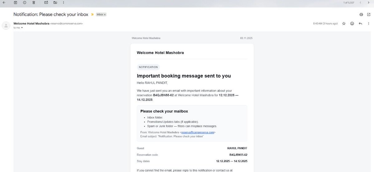 🚨 SCAM ALERT 🚨 

<a href="/ITCHotels/">ITC Hotels Ltd</a> I had booked my stay at Welcomhotel ITC Mashobra, Shimla for the 2nd week of December directly through your official website. Shockingly, I received a message from a third-party site with my booking details, asking for credit card info for