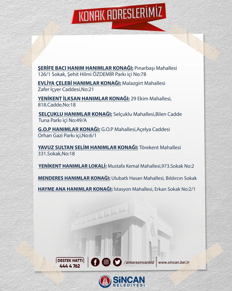 Konak adreslerimiz ve Haftalık Programları 🏠
