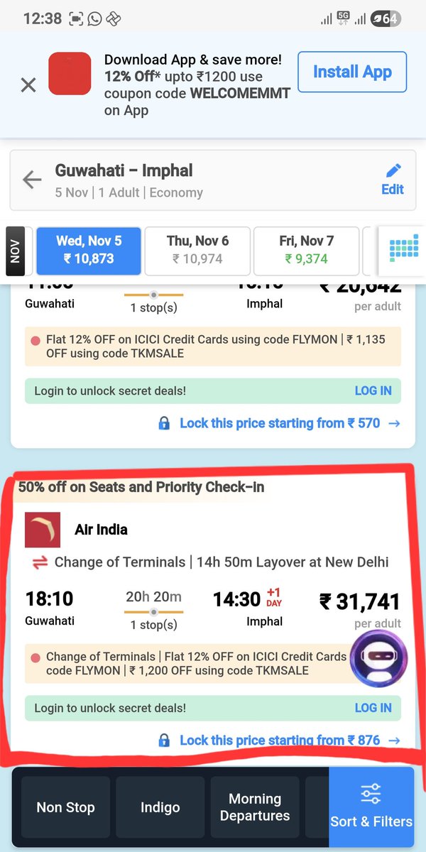 What da f is this?
Gauhati to Imphal flight costs 31,741 INR and layover at Delhi.
Flight time is 20h22m

Note : direct flight from Gau to Imp takes about 45 minutes flight time

<a href="/MaharajaManipur/">Maharaja Sanajaoba Leishemba.</a> @RajBhavManipur <a href="/MoCA_GoI/">MoCA_GoI</a> <a href="/NBirenSingh/">N. Biren Singh</a> <a href="/Bimol_Akoijam/">A. Bimol Akoijam</a> 

When will our