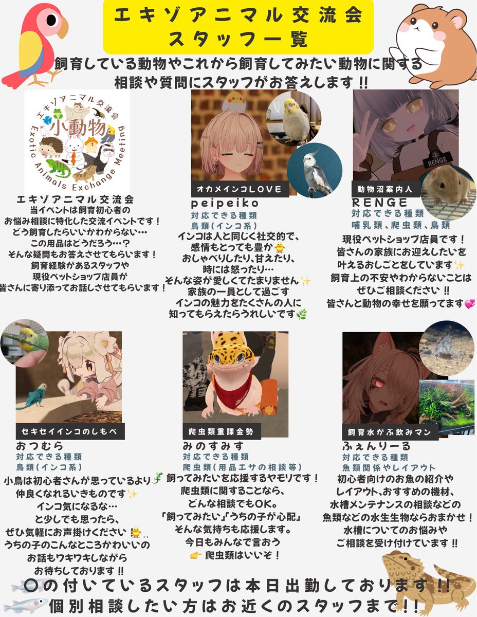 11/4 22:00より開催のエキゾアニマル交流会ですがより動物初心者の方に来ていただけるようにスタッフ一覧を作成しました‼️
どうやって飼育したらいいかわかんない…
そもそも何が必要なの…？？
などの疑問や困り事はスタッフにおまかせあれ❣️❣️
交流会開催中の時間で個別相談できるようになりました‼️