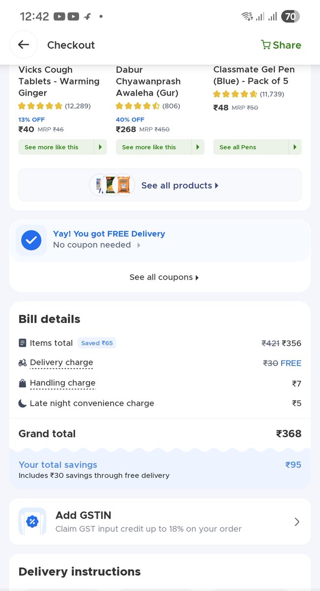 nishantamallick's tweet photo. @letsblinkit @blinkitcares 
I have a question what is use of charging Rs. 5 in the name of late night convenience charge during the day time at 12.42pm? https://t.co/O3f3nGqtNP