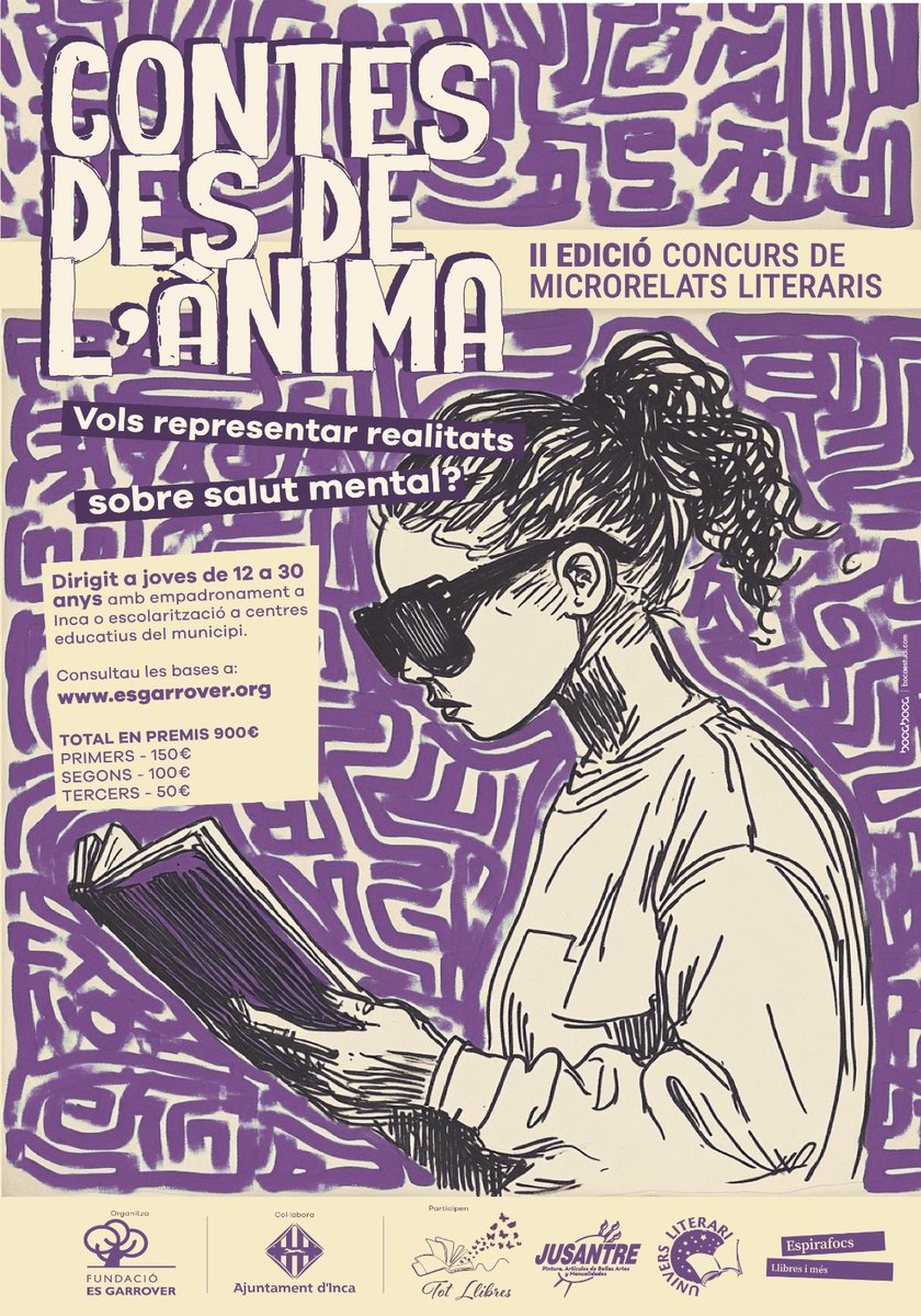 📚✨ Darrers dies per a participar al II concurs "Contes des de l’ànima"!

💭 Si tens entre 12 i 30 anys, escriu un microrrelat sobre #salutmental.

🗓️ Fins al 9 de novembre.

🤝 De la mà d'<a href="/incaciutat/">Ajuntament d’Inca</a> i <a href="/EsGarrover/">FundacióGarrover</a>.

ℹ️ 3salutmental.com/contes-des-de-…
