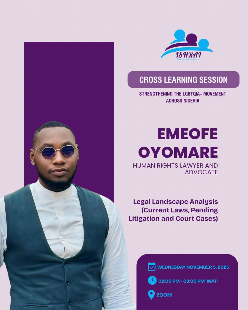 ishrai_ng's tweet photo. Did You Guess Right? 

Our next Cross-Learning Session facilitator is Emeofe Oyomare, a Human Rights Lawyer and Advocate passionate about justice, equality, and protecting civic freedoms. ⚖️

Register now to join:
👉 https://t.co/q3ptYlafqy

#ISHRAI #ISDAO #CrossLearning #LGBTQ https://t.co/NMO9gDIO3K
