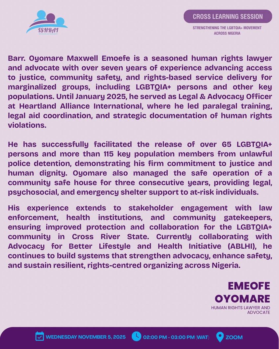 ishrai_ng's tweet photo. Did You Guess Right? 

Our next Cross-Learning Session facilitator is Emeofe Oyomare, a Human Rights Lawyer and Advocate passionate about justice, equality, and protecting civic freedoms. ⚖️

Register now to join:
👉 https://t.co/q3ptYlafqy

#ISHRAI #ISDAO #CrossLearning #LGBTQ https://t.co/NMO9gDIO3K