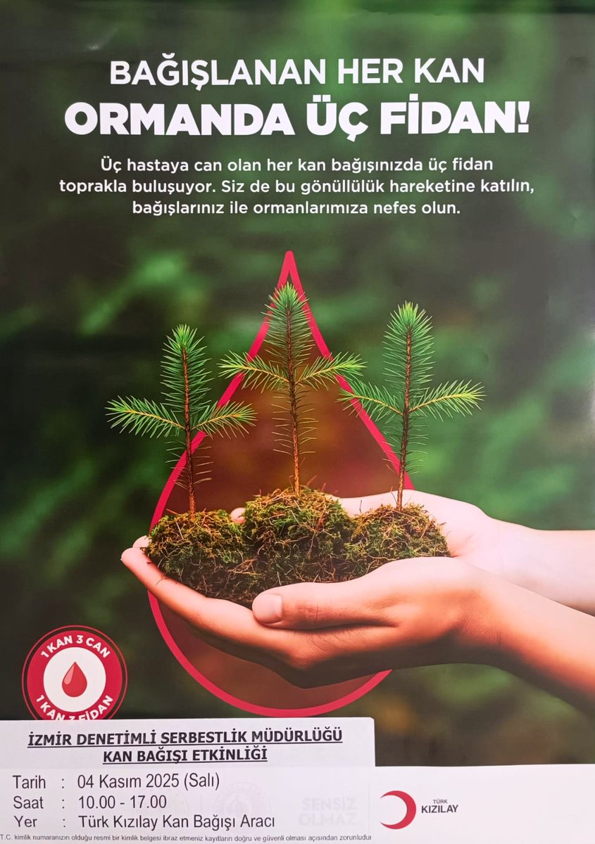 BAĞIŞLANAN HER KAN ORMAN DA 3 FİDAN

Kızılay Kan Bağışı Etkinliği 4 Kasım 2025 saat 10.00 - 17.00 arasında İzmir Denetimli Serbestlik Müdürlüğü bahçesinde gerçekleştirilecektir.

#kızılayhaftası

<a href="/ctekurumsal/">Ceza ve Tevkifevleri Genel Müdürlüğü</a> 
<a href="/izmirvaliligi/">T.C. İzmir Valiliği</a> 
<a href="/aliyeldann/">Ali Yeldan</a> 
<a href="/Kizilay/">Türk Kızılay</a> 
<a href="/izmirkizilay/">Türk Kızılay İzmir İl Merkezi</a> 
<a href="/izmirdsm/">İzmir Denetimli Serbestlik Müdürlüğü</a>