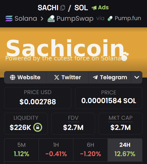 When you see a project slowly building, dropping ads on Dexscreener, and growing every single day…

It’s not just noise — it’s conviction. 

$SACHI isn’t growing — it’s exploding.

Still early if you’re not in yet.

CA: 7Y2TPeq3hqw21LRTCi4wBWoivDngCpNNJsN1hzhZpump