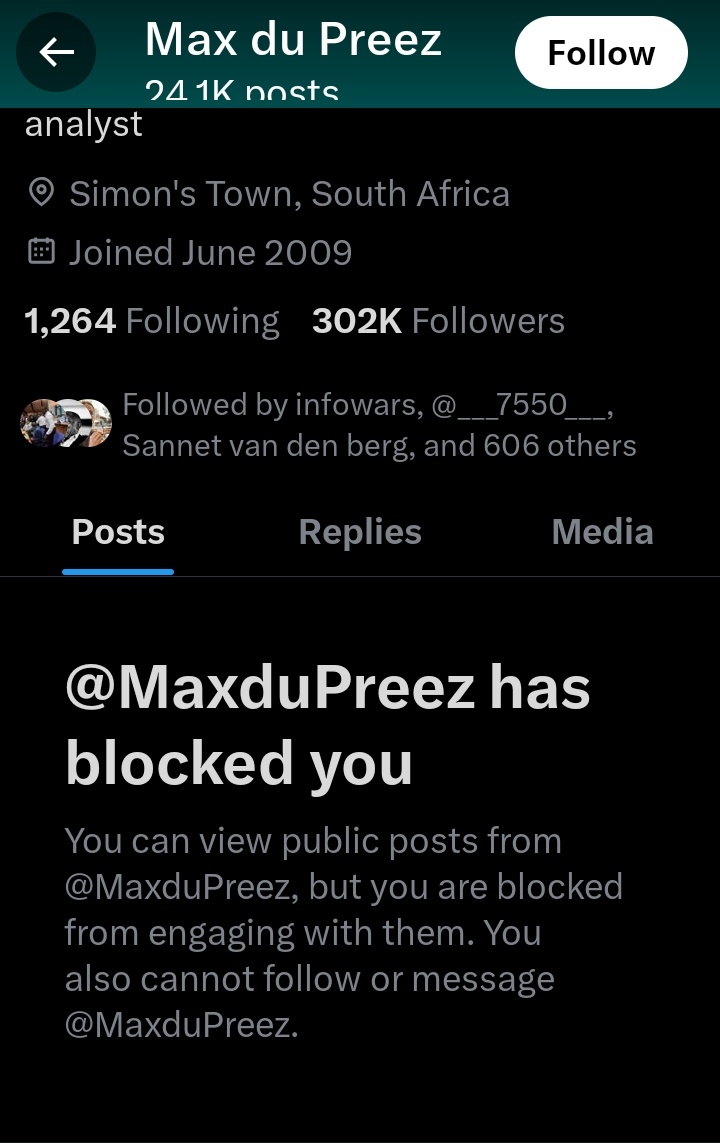 .... And in other news.....
Award winning (SADF-ProPatria) satirist and all round Mr. nice guy gets rudely blocked by a bitter old man with dark secrets who is consumed by self loathing.
