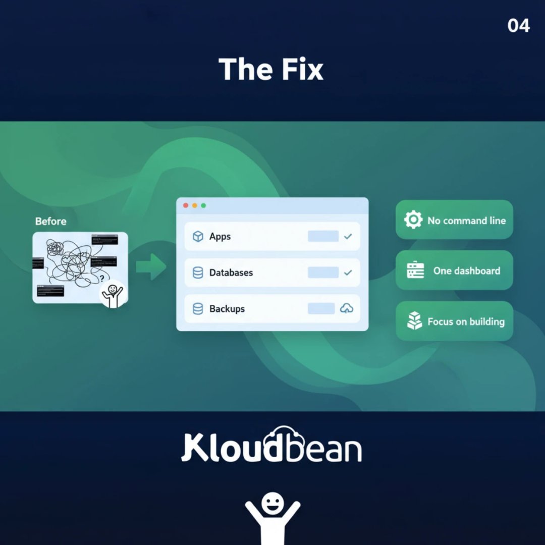 kloudbean's tweet photo. They spend more time deploying than developing.

And it's not their fault — the hosting world was built for sysadmins, not creators.
At KloudBean, we've simplified managed cloud hosting so developers can:

✅ Skip the command line

✅ Manage apps, databases, and backups... https://t.co/0n9CjBAJzb