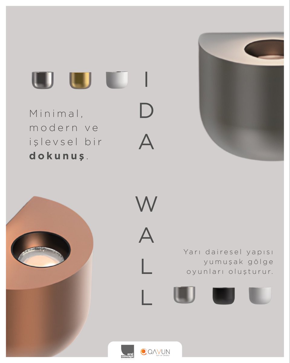 Minimal, modern ve işlevsel bir dokunuş: QAVUN IDA WALL
Yarı dairesel formu sayesinde mekânda yumuşak gölge oyunları yaratır, duvarlara zarif bir ışık dengesi kazandırır.

#Qavun