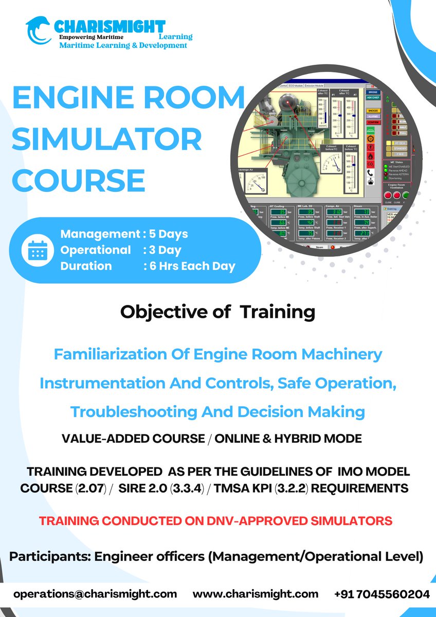 charismight's tweet image. 🚢Join our Engine Room Simulator Course hands-on training in operations, controls &amp;amp; troubleshooting.
🧭 DNV-approved | Online &amp;amp; Hybrid | 5 &amp;amp; 3 Days
🌐 charismight.com | ✉️ operations@charismight.com
#MaritimeTraining #EngineRoomSimulator #Charismight