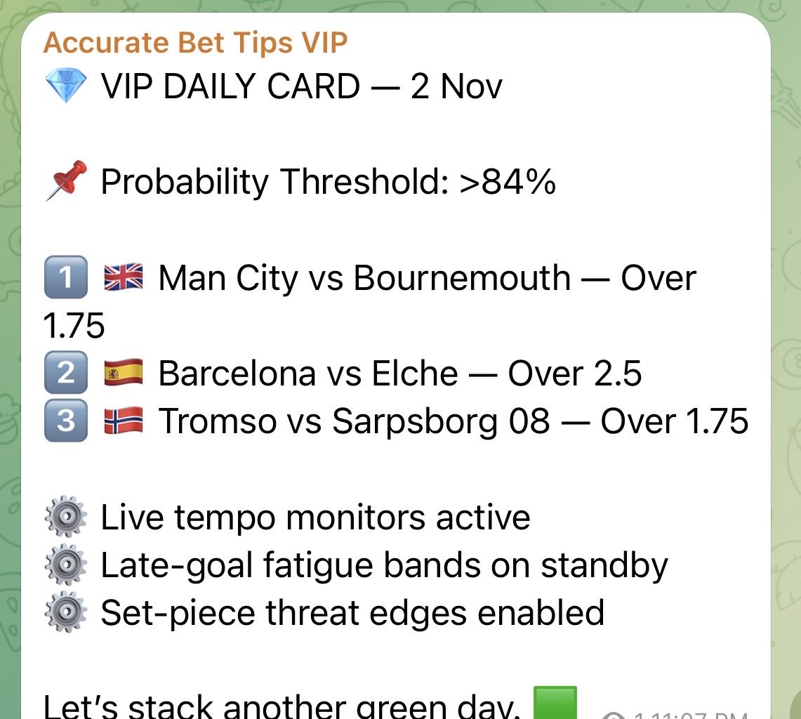 TipsAccurate's tweet image. 💎 VIP Results — 2 Nov

Perfect sweep tonight: 3/3 🟩🟩🟩

⚙️ Tempo edge
⚡ Fatigue-time spikes
🎯 Set-piece threat bias

When the numbers align… we don’t miss 👀

DM “VIP” for tomorrow’s private card.

#ABTFootballPredictions #VIPPicks #AIBetting #GreenDay