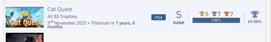 Fluxzhy's tweet image. Platinum 281 🏆 Cat Quest 🐱 

Easy, fun little game. Started 7years ago but finally went back and finished, no idea why I dropped it in the first place. 

Goal for this year was to hit 80% completion and this puts me at 80.41% currently 🥳 

#psn #psntrophy #psnplatinum