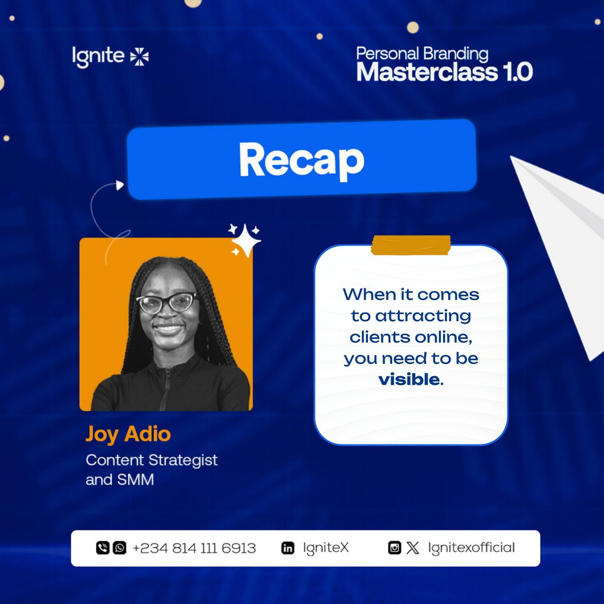 Ignitexofficial's tweet photo. Content works — if done right.  
At the IgniteX Masterclass, Joy Adio shared how to create content that solves problems, builds connection, and gets you paid.  
Missed it? Catch the recap. Joined us? It’s time to apply what you learnt !
#IgniteX #PersonalBranding #ContentStrategy https://t.co/5yzwv3n8E3
