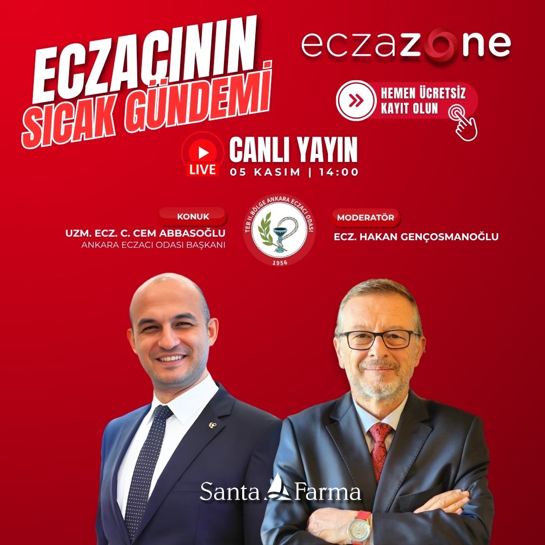 ✨CANLI YAYIN: ECZACININ SICAK GÜNDEMİ
“Uzm. Ecz. C. Cem ABBASOĞLU ve Ecz. Hakan Gençosmanoğlu, canlı yayında konuşuyor!”
 
🗓️ 05 Kasım 2025 - Çarşamba 
⏰ Saat 14:00 - 15:00
🌐 eczazone.com/etkinlikler/ec… 

#Eczazone #EczacınınSıcakGündemi #CanlıYayın #Eczacı #Eczacılık #işbirliği