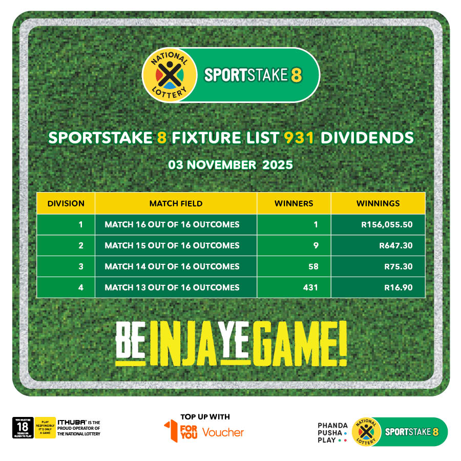sa_lottery26's tweet photo. Here are the #SPORTSTAKE8 #FixtureResults, #Dividends for list 931 & #Fixturelist 932 with an estimated Jackpot of R10,000.
Congratulations to the winner of R156,055. You are #InjaYeGame!
Players must be 18 years or older, play responsibly. https://t.co/o6oLBvxJK3