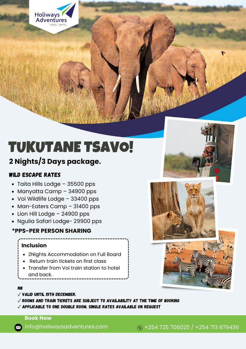 HoliwaysA's tweet photo. Experience the wild side of Kenya! 🏞️
Enjoy first-class train travel, full-board stay, and stunning wildlife views at top lodges.
Valid until Dec 15th — book your adventure today! 🚂🌅

📩 info@holiwaysadventures.com
📞 +254 725 706025 / +254 713 879436
#TsavoSafari #KenyaGetaway https://t.co/c11Wt20GQx