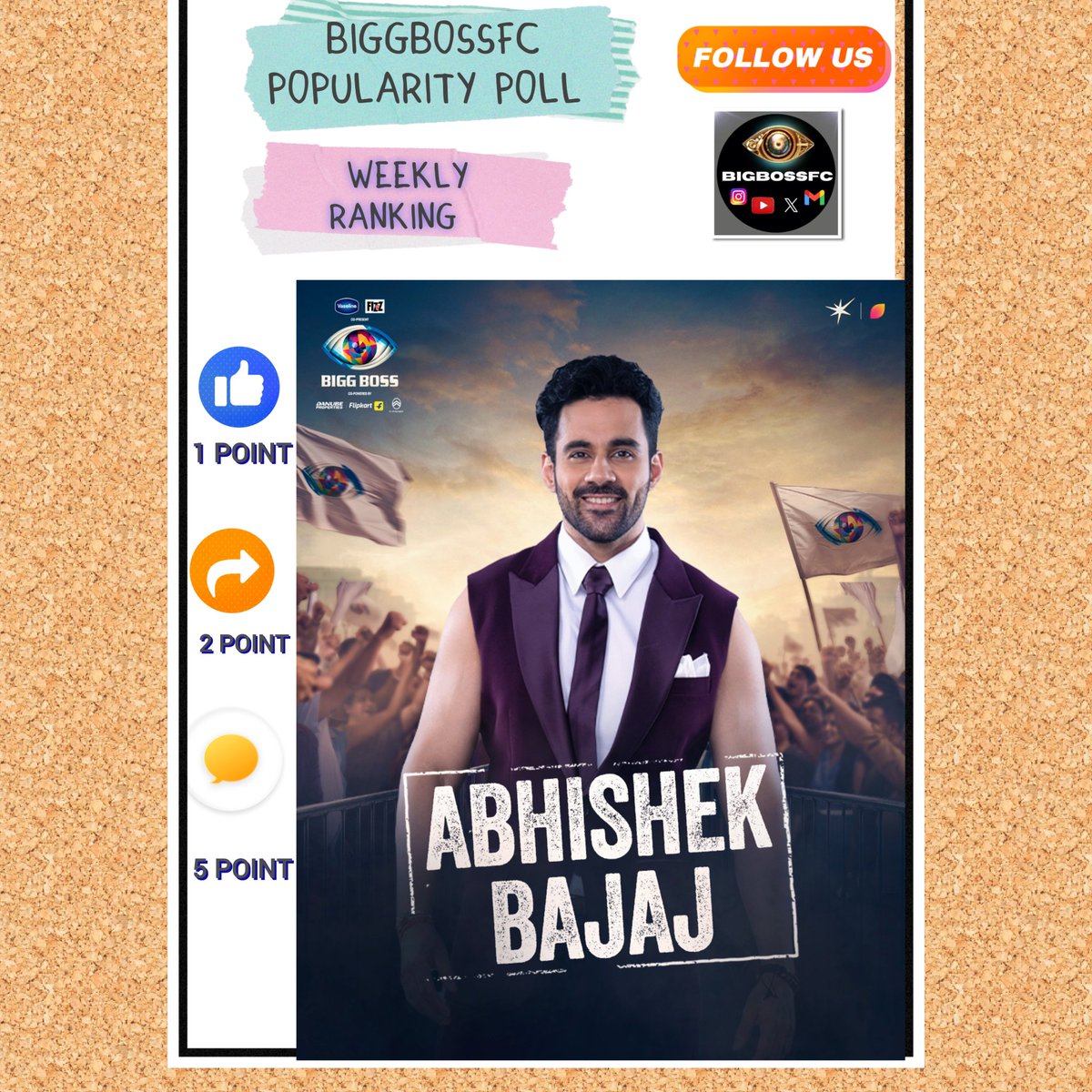 BIGGBOSSOFC's tweet photo. WEEKLY POPULARITY RANKING POLL
Biggest &amp; Most Authentic Poll
Week 11
Like
RT
AND
COMMENT 
 If you're supporting #AbhishekBajaj in #BiggBoss19

Poll to end (WEDNESDAY)5PM
#BB19 https://t.co/Tc6myydhit