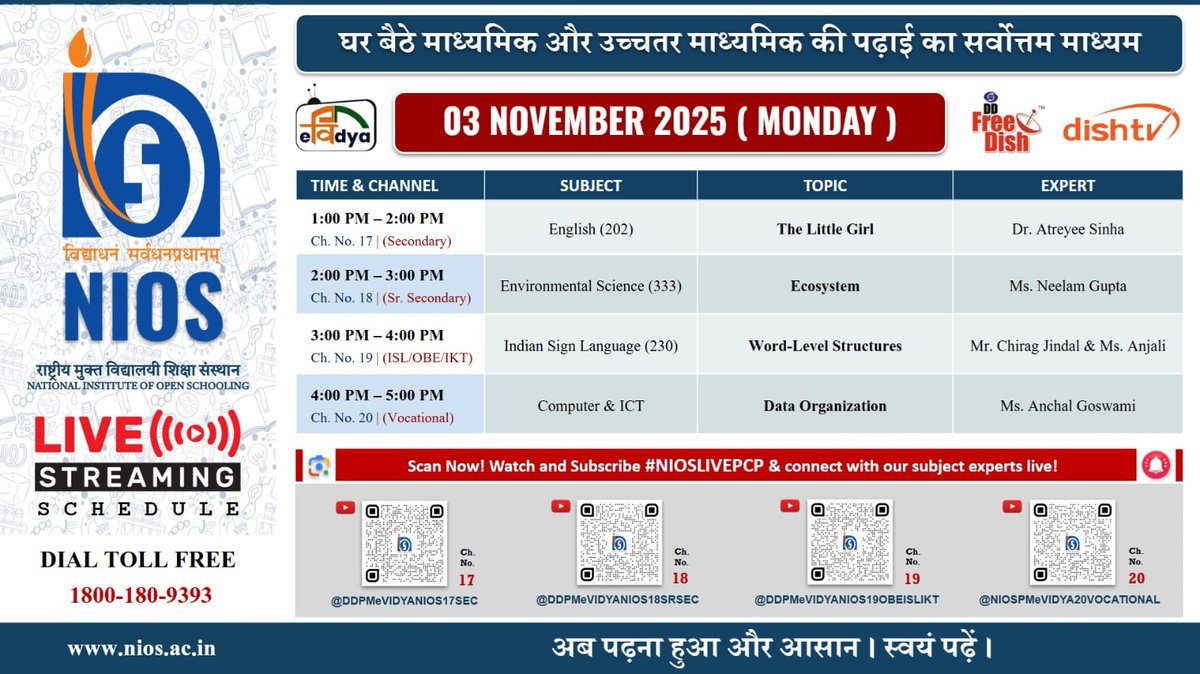 niostwit's tweet image. 🎓 #NIOS LIVE PCP | 03 Nov 2025 (Mon)

📘 English
🌿 Environmental Science
🤟 Indian Sign Language
💻 Computer &amp;amp; ICT

📺 Watch on DD Free Dish Ch 17–20

#NIOSLIVEPCP #EducationForAll #DigitalLearning
