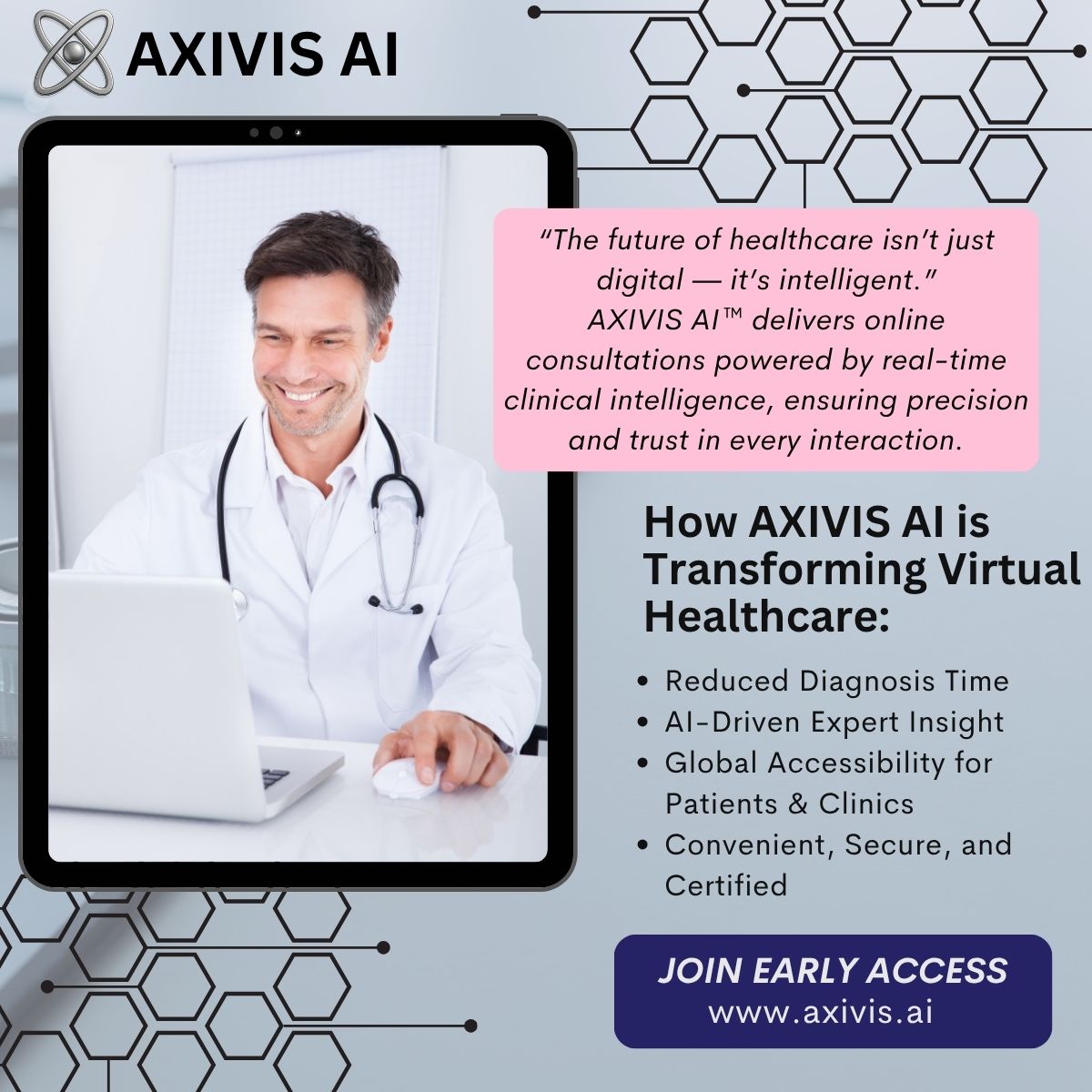axivisAI's tweet image. AXIVIS AI™ brings real-time clinical intelligence to virtual care:
⚡ Faster diagnosis
🧠 AI-assisted decisions
🌍 Global access
🔐 Secure &amp;amp; compliant

Healthcare isn’t just digital — it’s intelligent.
👉 Join Early Access: axivis.ai
#AXIVISAI #AIHealthcare