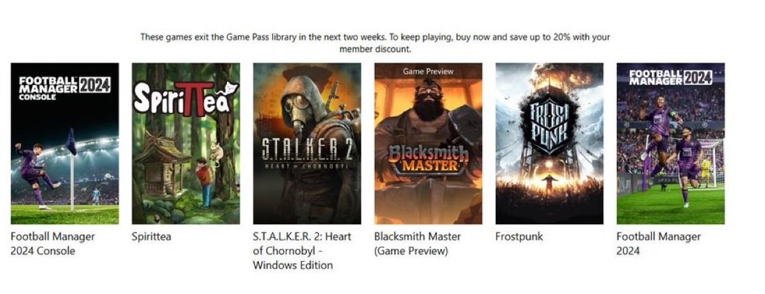 1Bluestars's tweet photo. 📢 15 Kasım’da Game Pass kütüphanesinden ayrılacak oyunlar belli oldu! 👇

🔸Football Manager 24
🔸STALKER 2
🔸Frostpunk
🔸Blacksmith Master
🔸Spirittea

Oynamak istediğiniz oyunları kaldırılmadan önce bitirmeyi unutmayın! 🎮⌛

#GamePass #Xbox #PCGamePass #OyunHaberleri #GamingNews #XboxSeriesX #XboxSeriesS #VideoGames