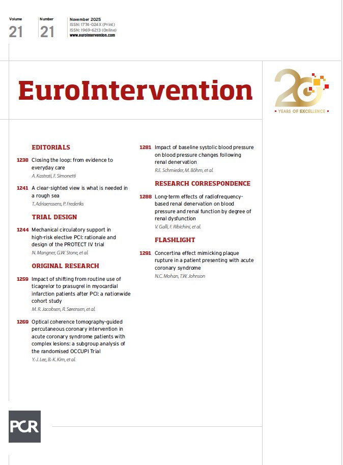 New EuroIntervention issue is out!
This edition features:
• The PROTECT IV trial – redefining MCS in high-risk PCI
• Denmark’s shift in routine use of prasugrel/ticagrelor
• OCT vs angiography in ACS patients
• Blood pressure effects after renal denervation
• Renal
