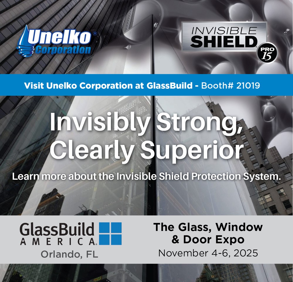 glassonweb's tweet image. Unelko’s Invisible Shield® &amp;amp; IS Pro 15™ nano coatings keep glass cleaner, clearer &amp;amp; stronger - reducing cleaning time, costs &amp;amp; environmental impact
📍See the innovation at #GlassBuildAmerica – Booth #21019 @CleanXProducts @GlassBuild 
glassonweb.com/news/invisible… 
#GlassProtection