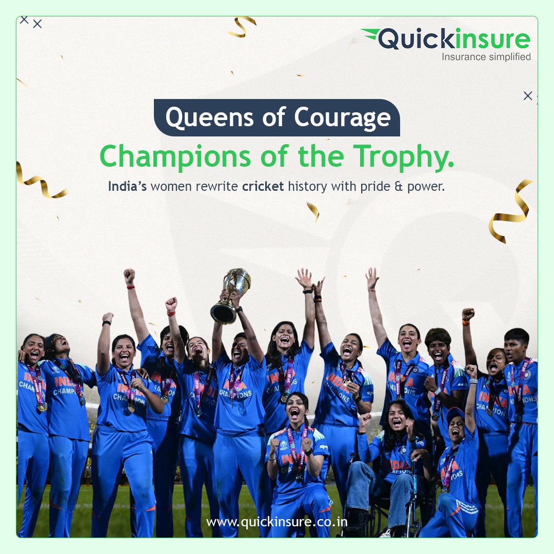 quickinsureInd's tweet image. Congratulations Team India! 🏆

A historic milestone for Indian sports as the Women’s Team clinches their first-ever ICC Women’s World Cup title at #CWC25!

A moment of pride, resilience, teamwork &amp;amp; excellence - a true inspiration to the nation.

#WomensWorldCup #Quickinsure