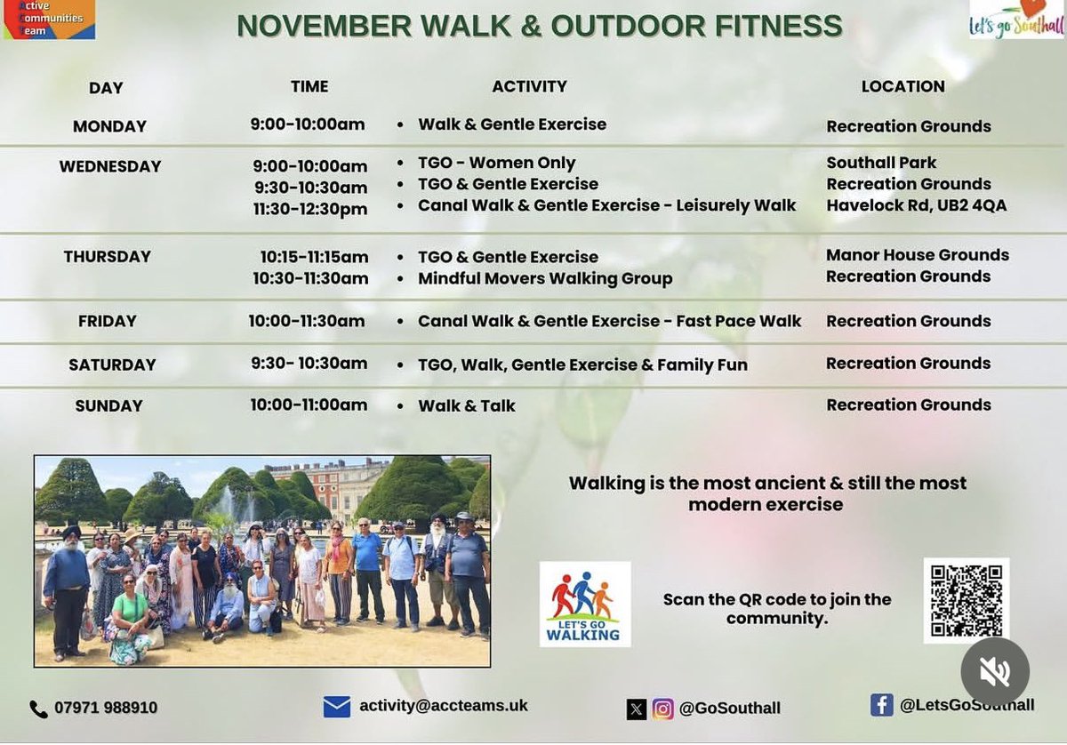 JM4NorwoodGreen's tweet image. #NorwoodGreen #Southall &amp;amp; @EalingCouncil residents @GoSouthall November walk &amp;amp; outdoor fitness activity calendar is now live!
From women only groups to canal walks &amp;amp; lots more besides —get involved meet new friends &amp;amp; enjoy great company!
Scan their QR code to #getoutgetactive
