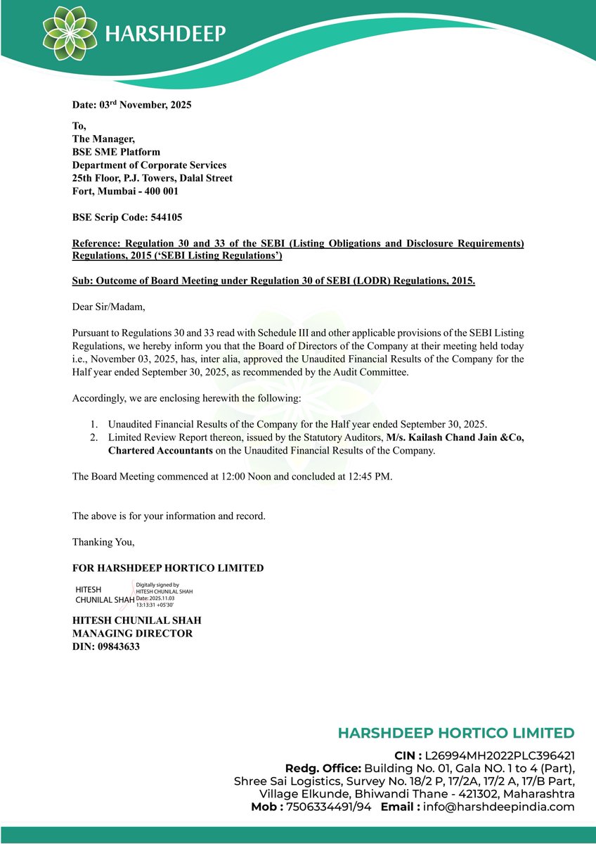 nileshkurhade's tweet photo. 📌 Harshdeep Hortico Ltd informed the exchange about its approval for the financial results for the period ended September 30, 2025. #SME #HARSHDEEP 📄🧾 https://t.co/lScgvB8ZMN