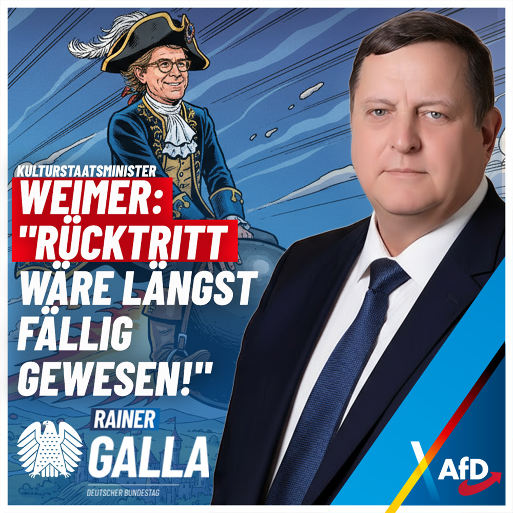 Kulturstaatsminister #Weimer: Ein #Rücktritt wäre längst fällig gewesen! - sagt der Brandenburger #AfD-Bundestagsabgeordnete Rainer #Galla.

rainer-galla.de/weimer-ein-rue…