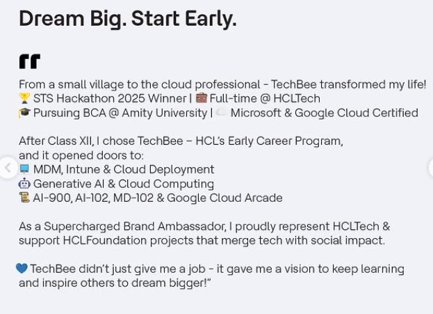 VikasGupta9454's tweet image. Grateful to HCLTech for Featuring My TechBee Journey! ✨
From a small village in Ayodhya to working full-time at HCLTech, this journey has been truly transformational. 🙌
Check out my Instagram feature post:
 🔗 okt.to/QTZpLl

#HCLTech #TechBee #DreamBigStartEarly