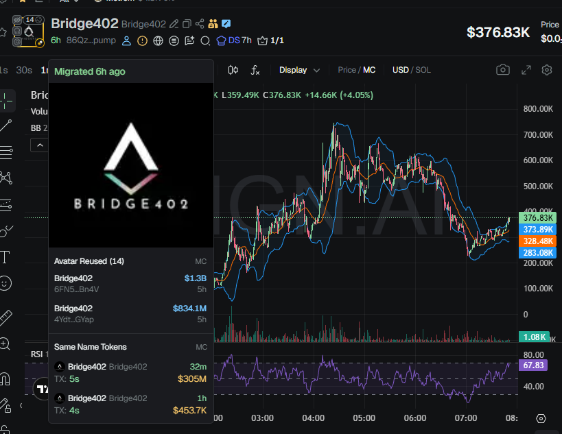 badattrading_'s tweet photo. Team has 14.3% of $Bridge402 (CA 86Qzt4Dpx51pYGj7TscfEEBbTspsnQJQpNQxodm6pump) supply, insiders have 5.1%, snipers have 1.3% according to devsnightmare. 

A cluster has 5.4% on the bubblemap, Binance cluster has 12.3% on the bubblemap while coinbase has 16%, big cluster on the CEX map. Wallets linked to wintermute market making bot have 10.6%.

Top 70 holders have 70.3%, top 10 have 22.2%, 1.12k holders with an average bag at $320. Nfa.