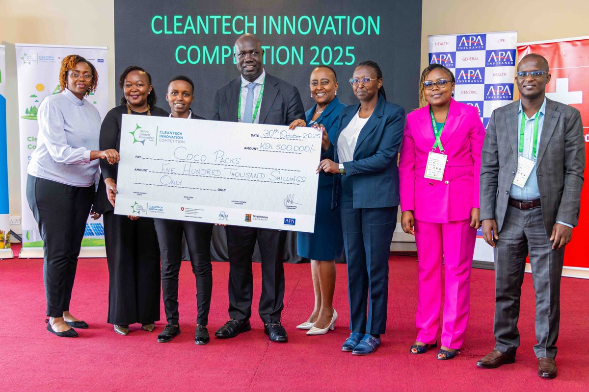 KenyaCIC's tweet photo. 🏆 1st Place: Energy Hub – for their impactful solution advancing renewable energy access and efficiency.  
🥈 2nd Place: Coco Packs – for their creative approach to eco-friendly packaging made from coconut waste.  🥉 3rd Place: AXI Mobility – for their groundbreaking innovation in green and sustainable transportation. 
Your creativity and commitment to solving environmental challenges are shaping Kenya’s sustainable future.