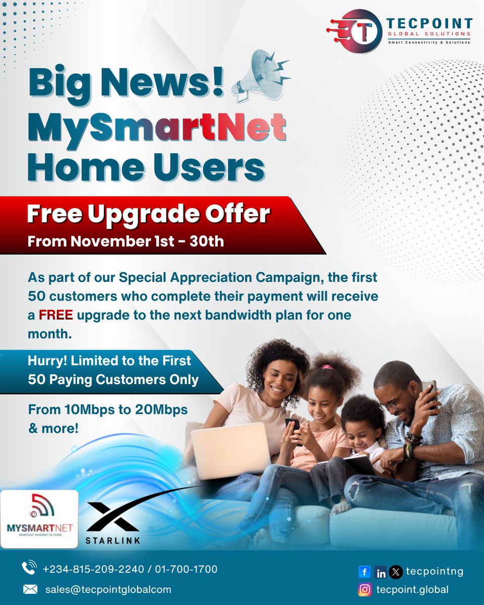 tecpoint_ng's tweet image. Big news for all #MySmartNet Home Users! 💥
This November, we’re saying THANK YOU with a FREE upgrade to the next bandwidth plan! 🚀
Be among the first 50 paying customers and enjoy faster internet — from 10Mbps to 20Mbps &amp;amp; more!