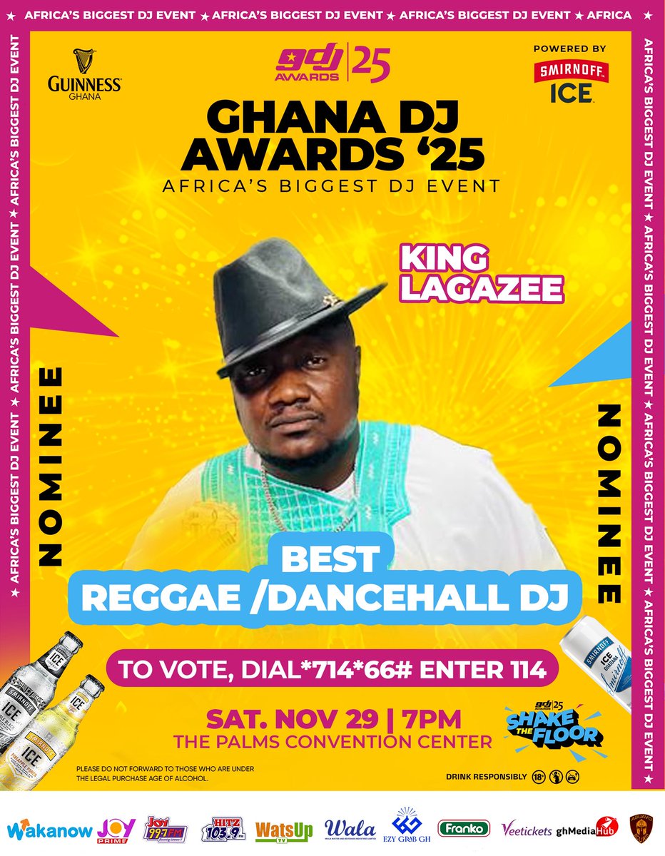 For <a href="/KingLagazee/">King Lagazee (7 Star Gen) 🇬🇭</a> of @AsaaseRadio995 x <a href="/LagazeeSoundGH/">Lagazee Sound International</a> to win #BestReggaeDancehallDJOfTheYear - @GhanaDJAwards 25

Dial *714*66# 

Enter Nominee Code 114

Vote 🗳 as many as you can 

Thanks For Making Us Number One

#YaadSettingz #AsaaseRadio #LagazeeSoundIntl #GlobalSettingz