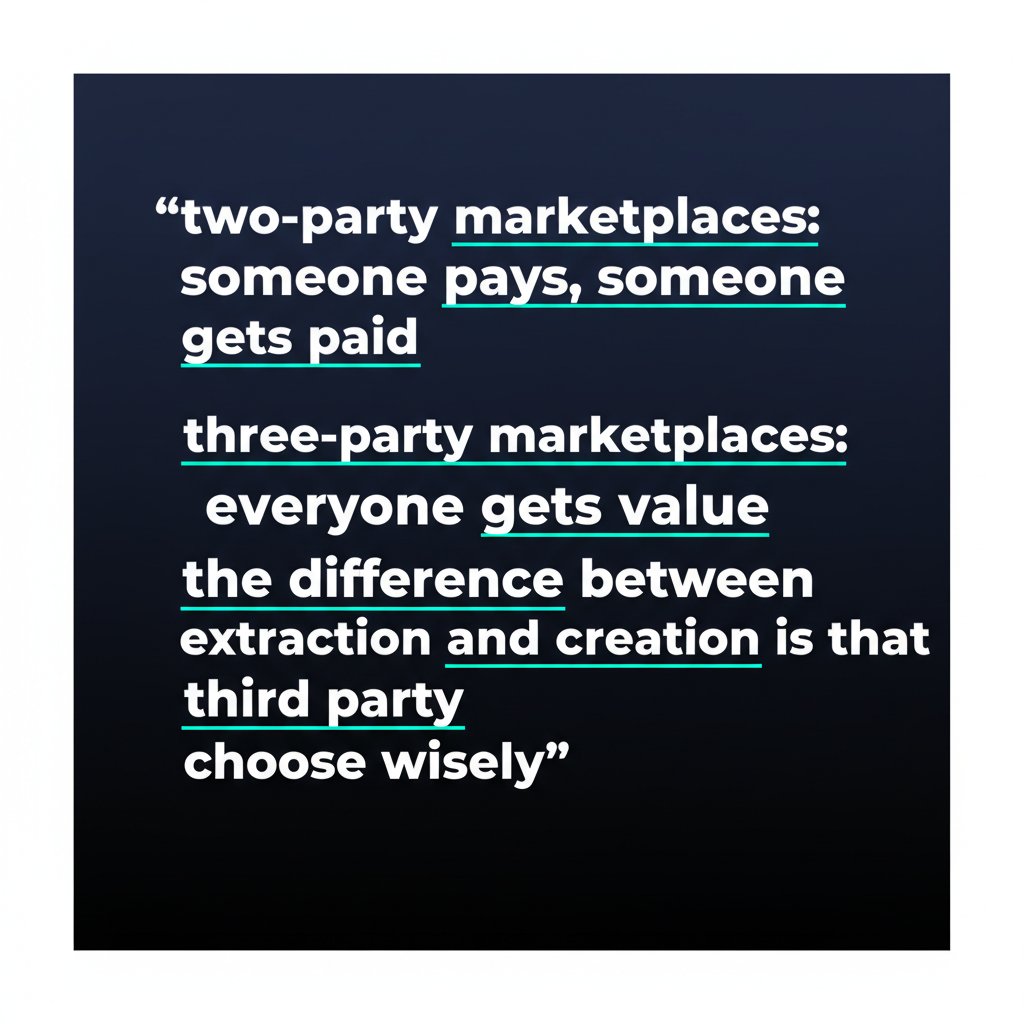 two-party marketplaces: someone pays, someone gets paid  three-party marketplaces: everyone gets value  the difference between extraction and creation is that third party  choose wisely